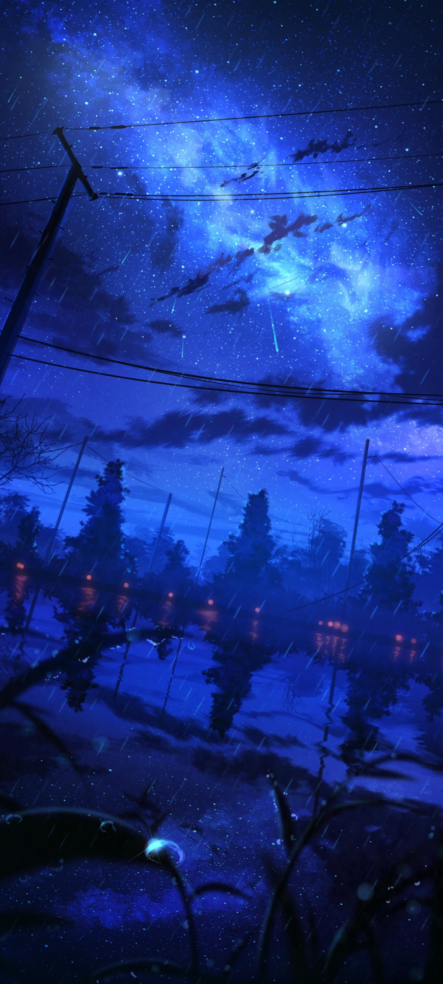 Anime Night Starry Sky Scenery Raining
