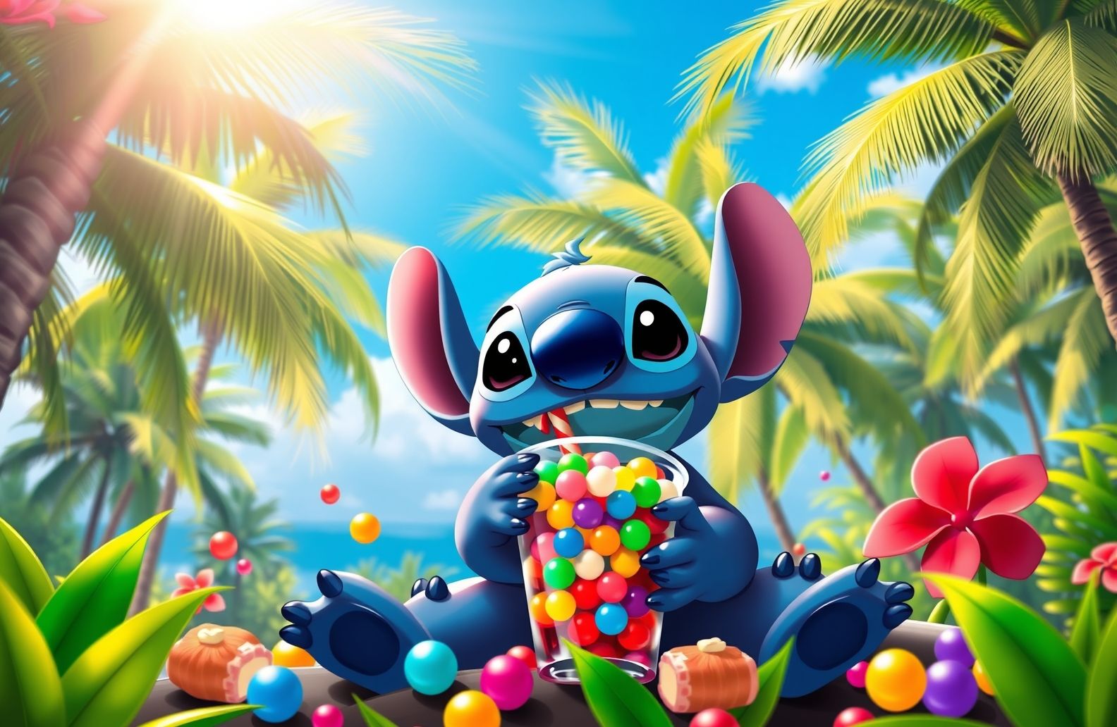 Stitch Drinking Boba Wallpaper