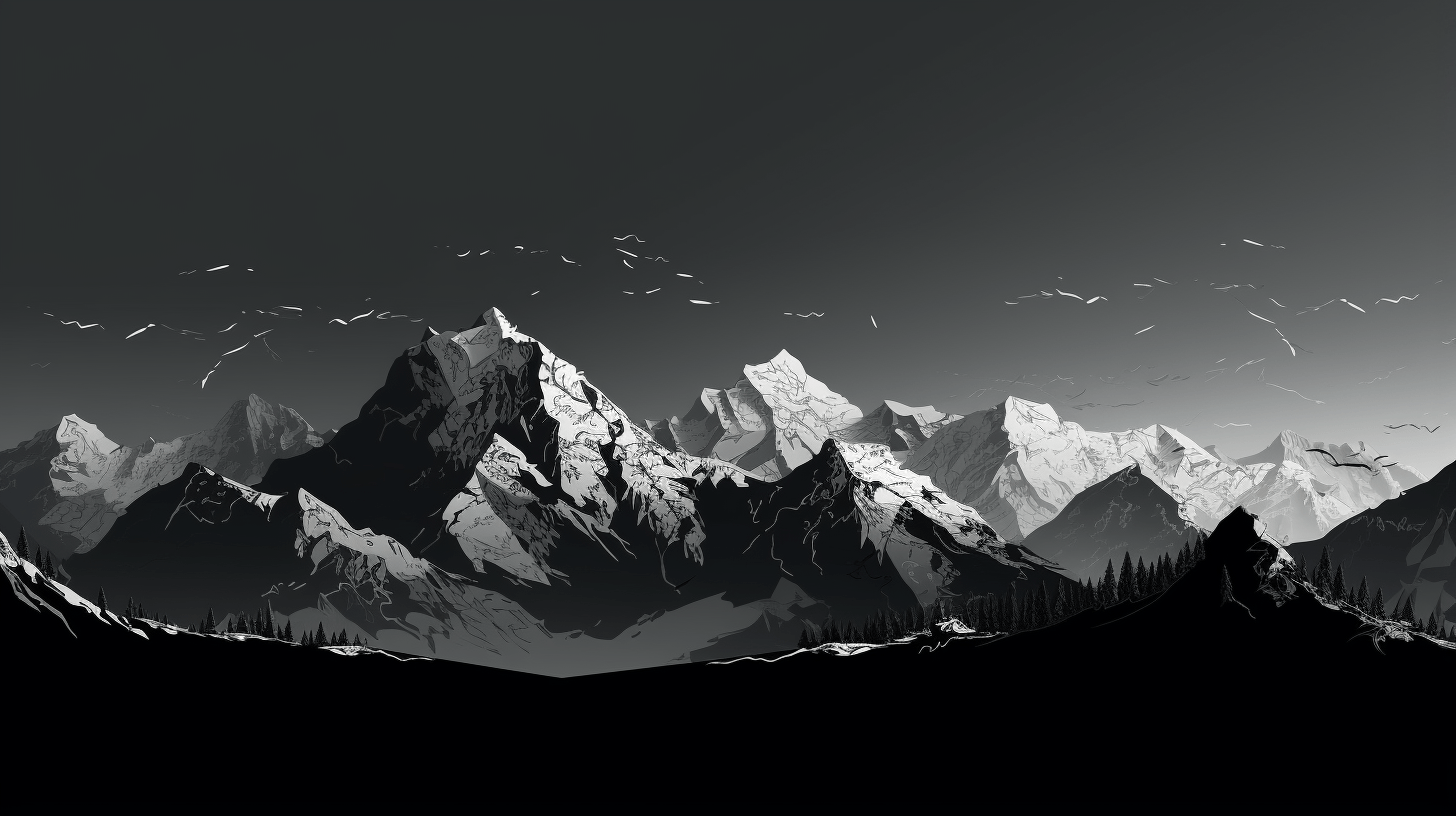 Minimalist 4k wallpaper of a grayscale mountain range with birds flying overhead