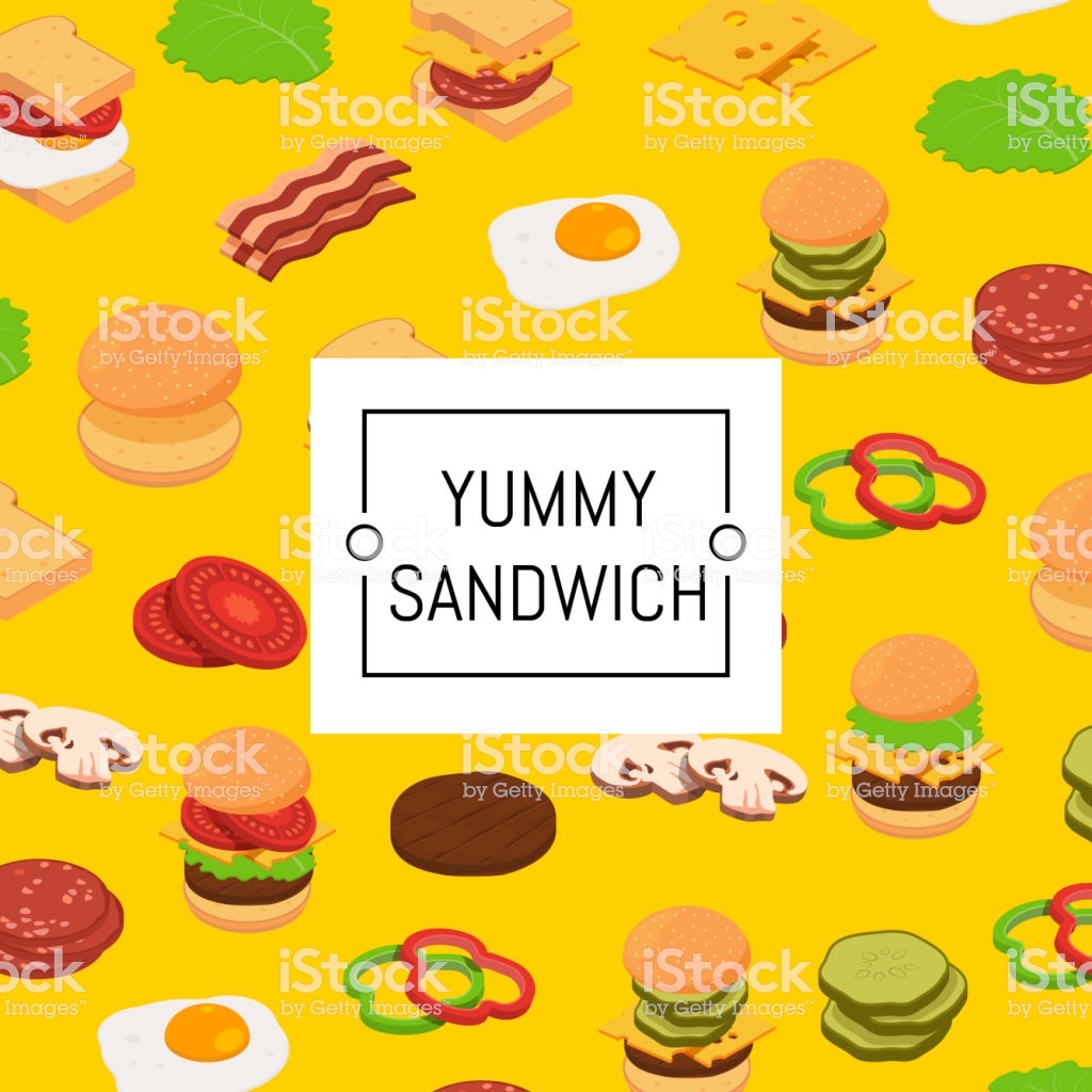 Isometric Burger Ingredients Background And Colored Pattern Stock