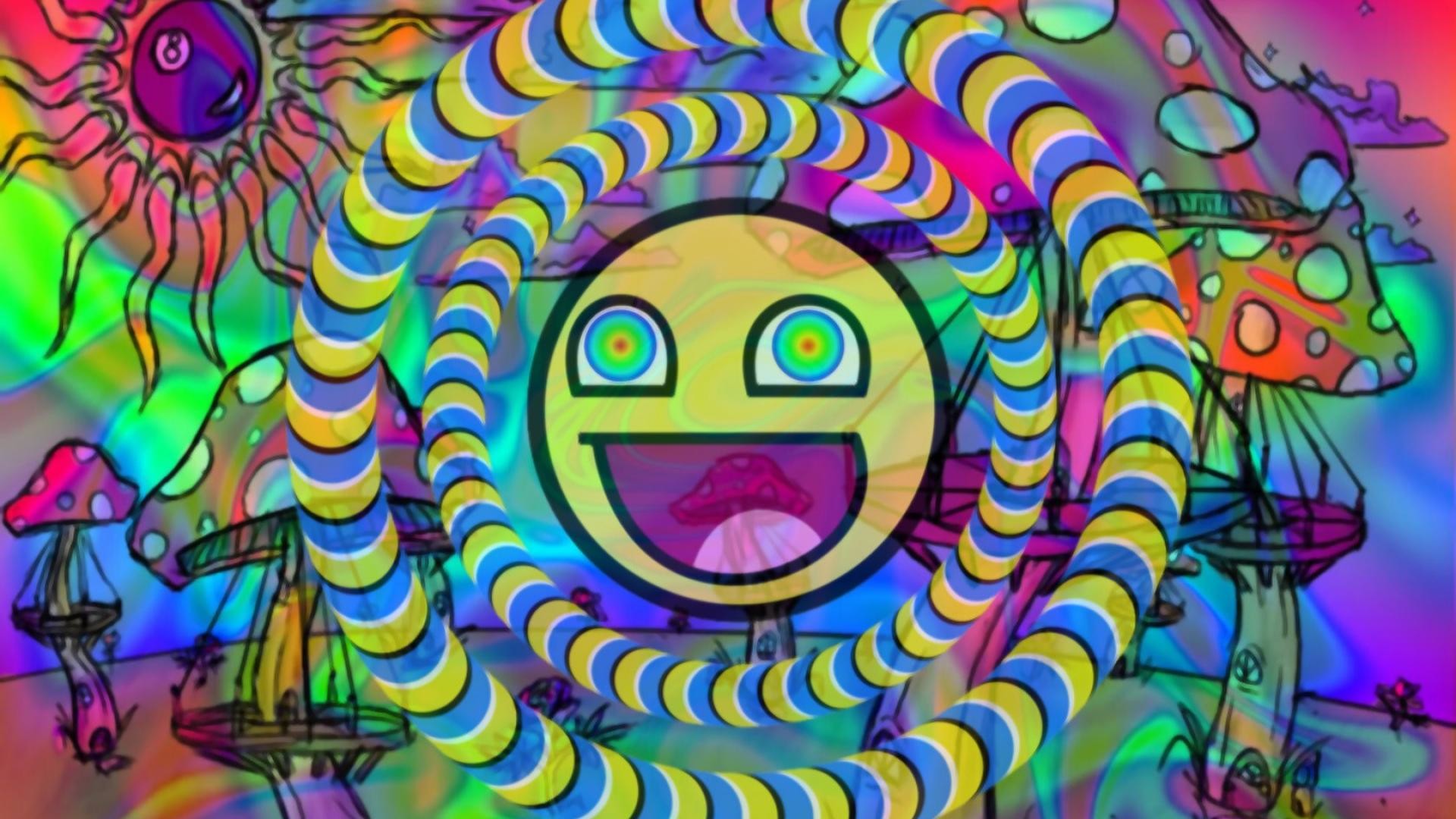 A psychedelic, distorted image featuring a large, grinning emoji face with spiraling, colorful rings in the foreground, set against a backdrop of stylized mushrooms, a sun, and swirling, vibrant colors