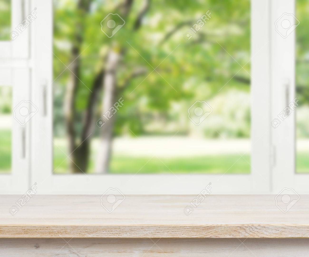 Wooden Table Over Summer Window Background Stock Photo Picture