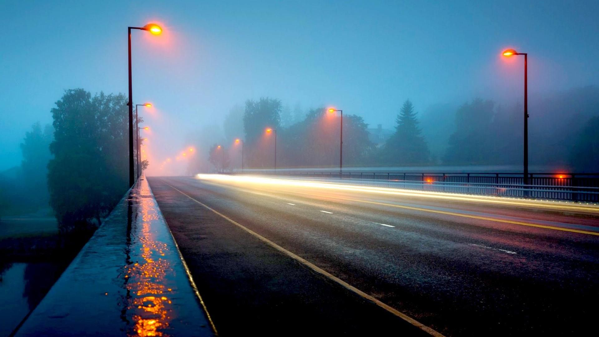 A Highway Bridge In Foggy Rainy Night HD Desktop Background