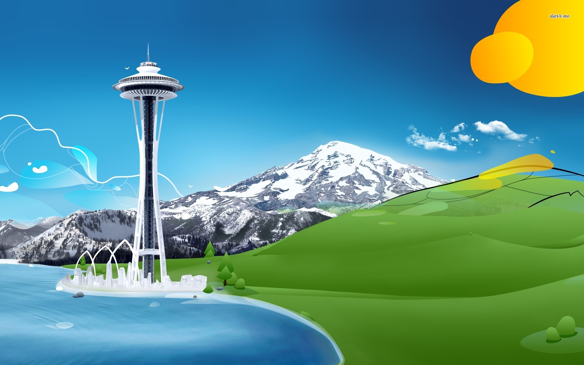 Space Needle In The Mountains Wallpaper Digital Art