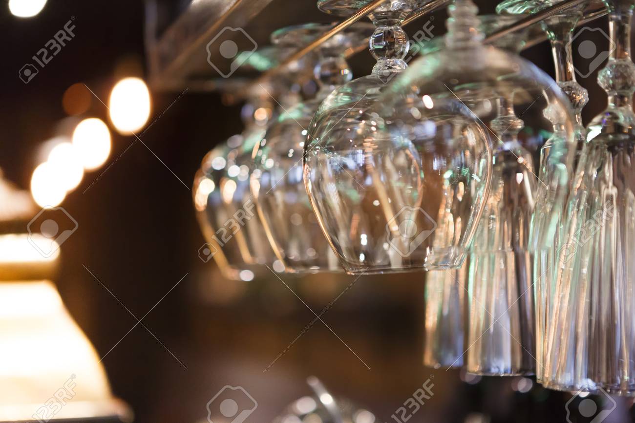 Glasses Hanging On Bar Rack Close Up Clean Utensil For Wine