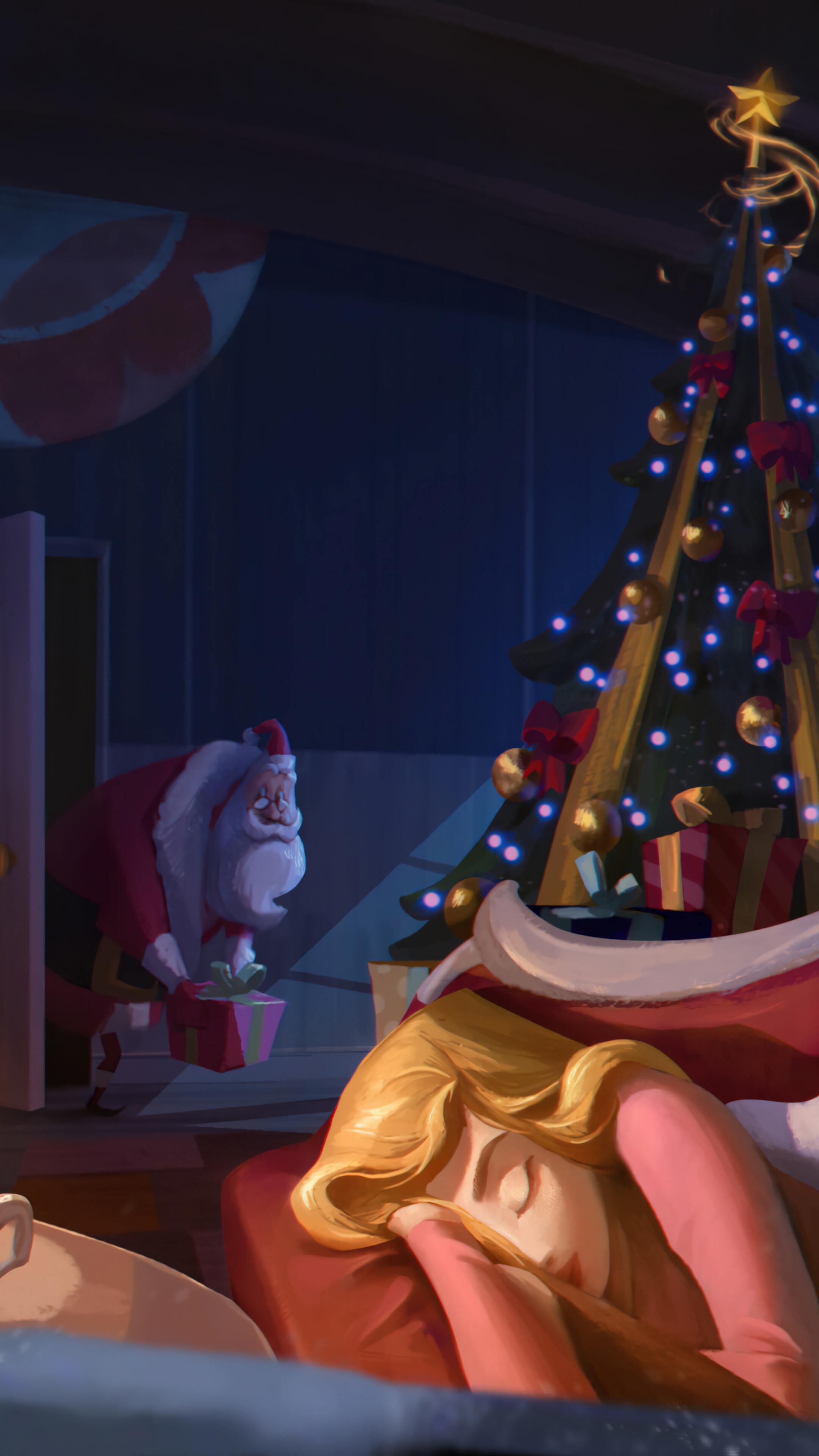 Santa Claus Sneaking Gifts Christmas Tree 4k Wallpaper iPhone HD