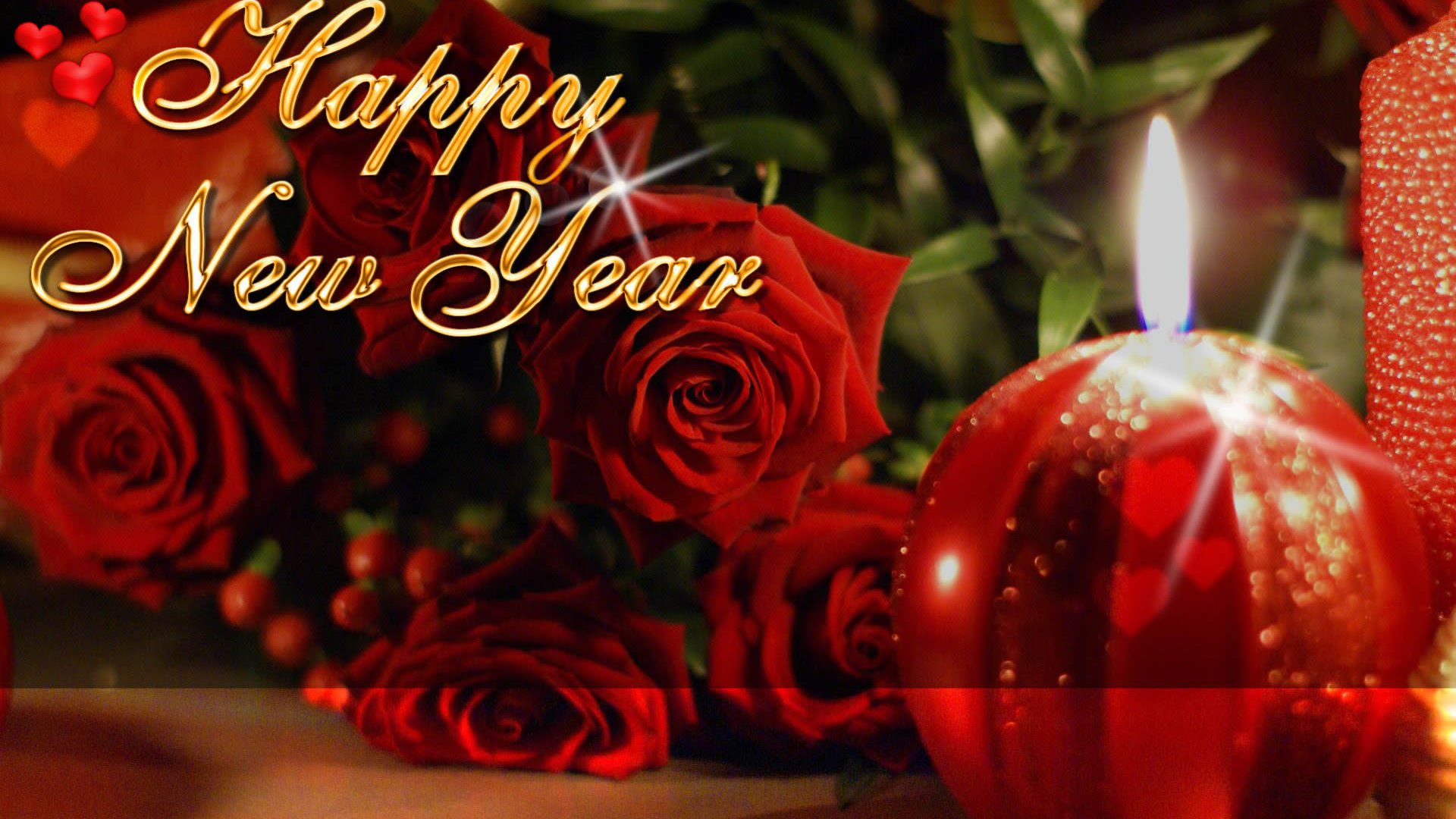 Happy New Year Greeting Cards Red Roses Candle Love