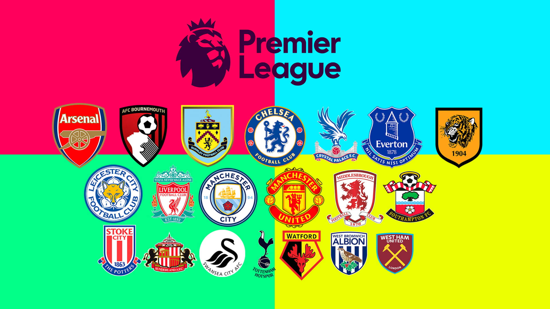 A vibrant collage of all 20 Premier League club logos for the 2016-2017 season, set against a colorful, four-quadrant background