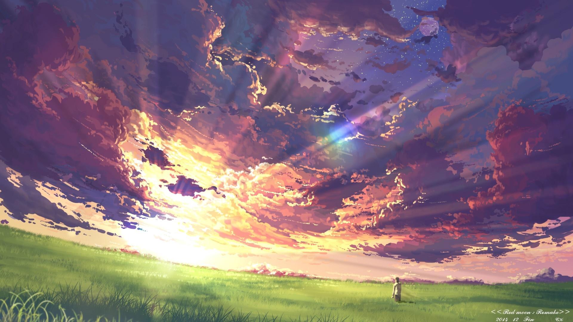 1043012 sunlight landscape sunset anime nature sky field