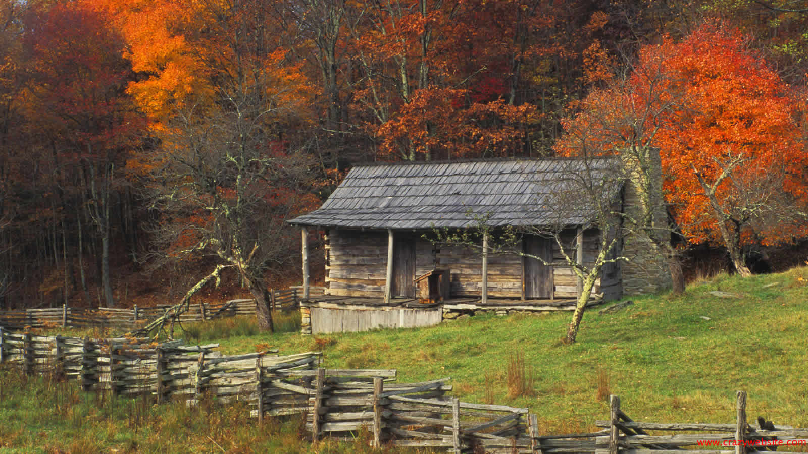 Autumn Fall Color Kentucky Country Log Cabin Wallpaper Brightly