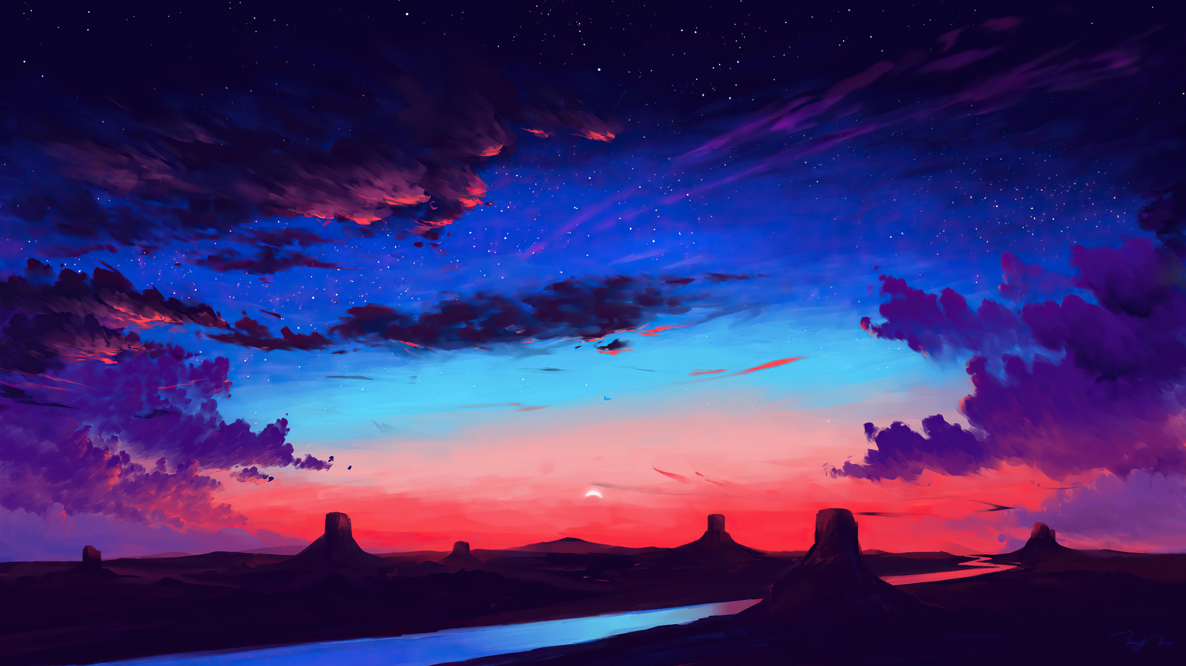 Beautiful Sunset Sky Clouds Secenery Digital Art 4k Wallpaper