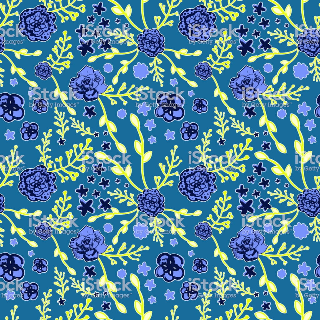 Blue And Yellow Repeating Seamless Pattern Striking Flowers Stock