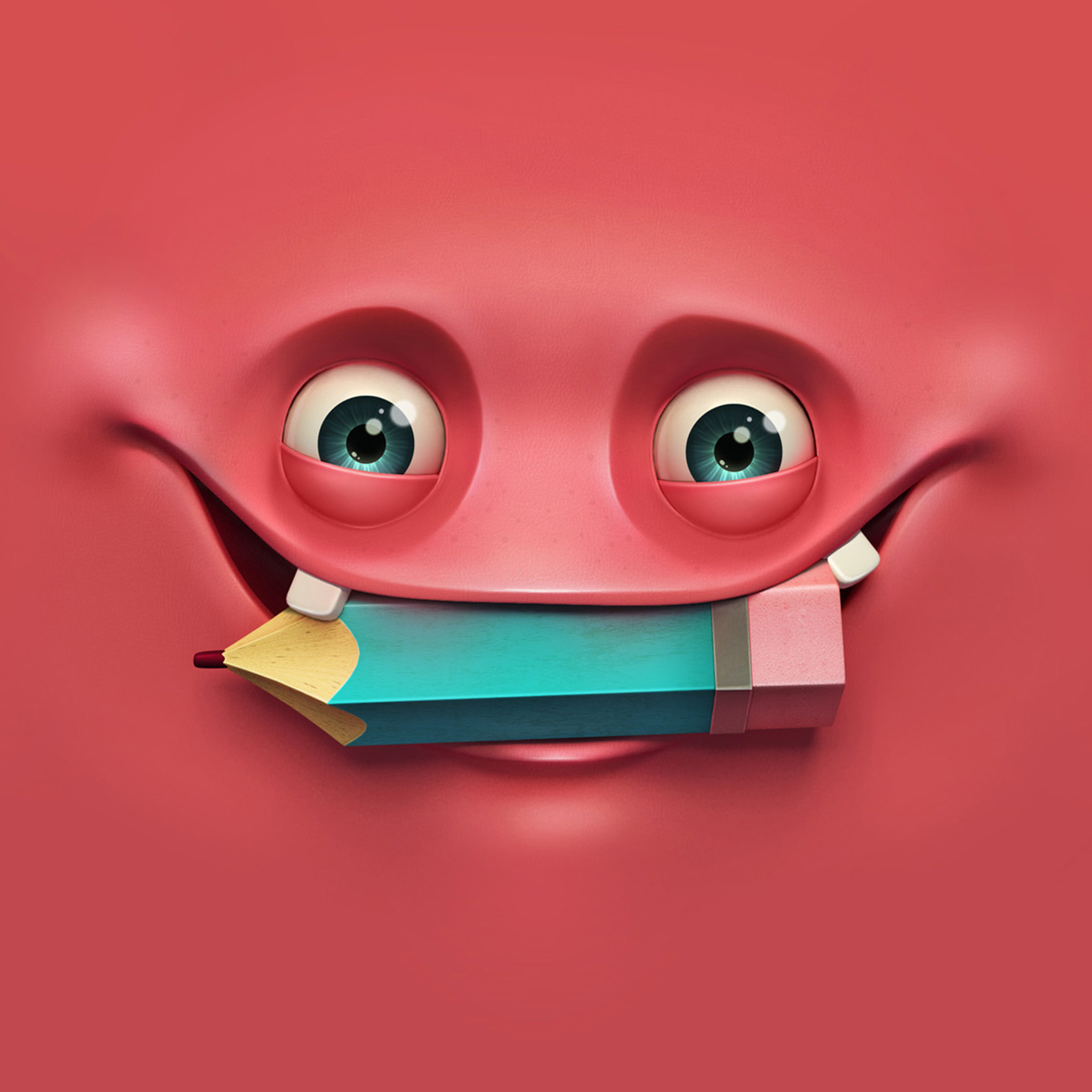 A cute cartoon monster with a big grin, holding a pencil in its mouth