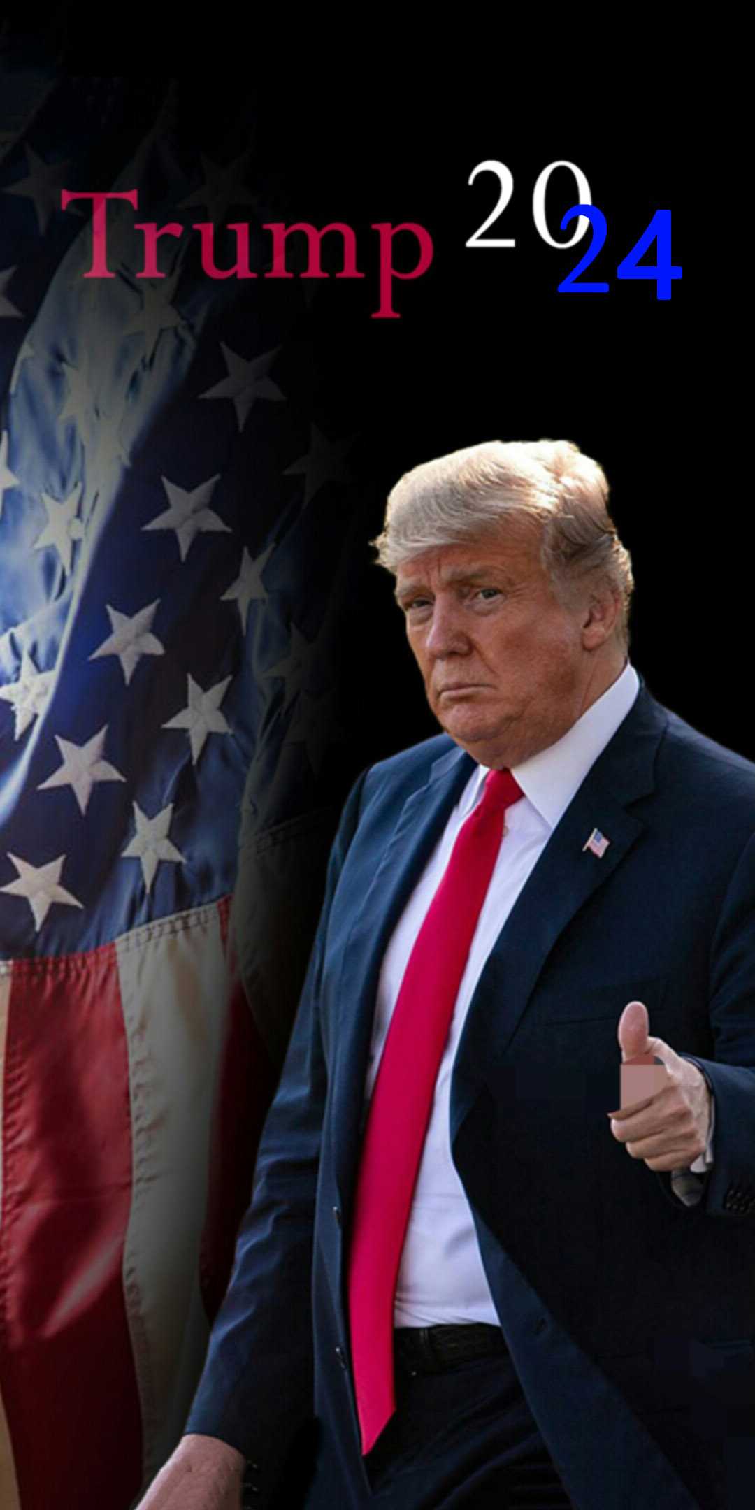 Donald Trump against a backdrop of the American flag, giving a thumbs-up, with the text 