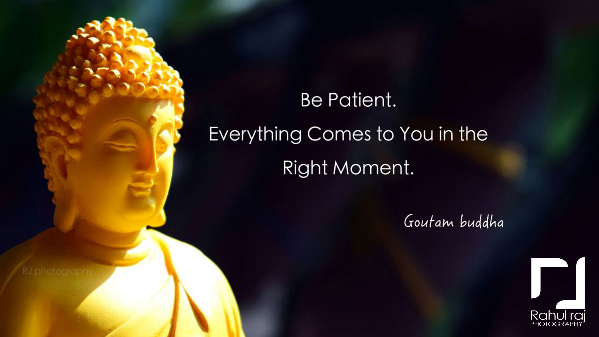 A serene golden statue of Buddha with a quote about patience