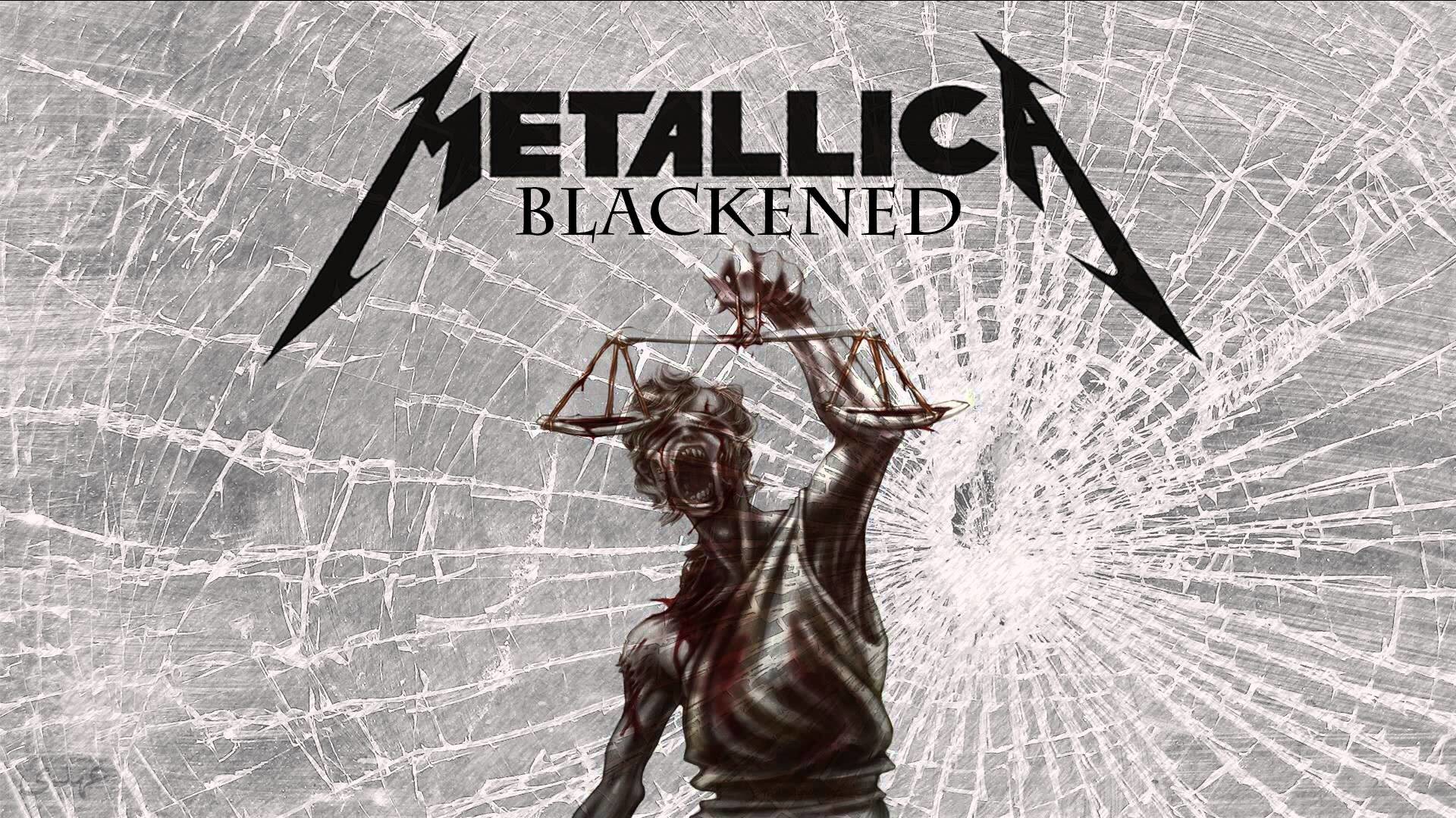 A shattered glass background featuring Lady Justice, zombified, holding scales, with the Metallica logo and 'Blackened' title overlaid. This image evokes the themes of the song 'Blackened' from the '...And Justice for All' album
