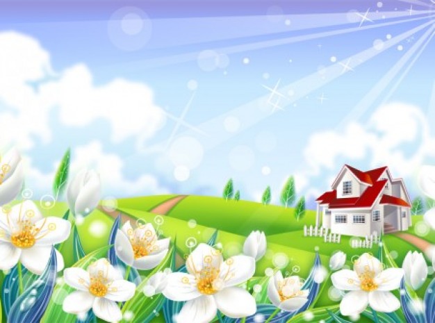 Prairie House With Fowers And Sunrays Background Vector
