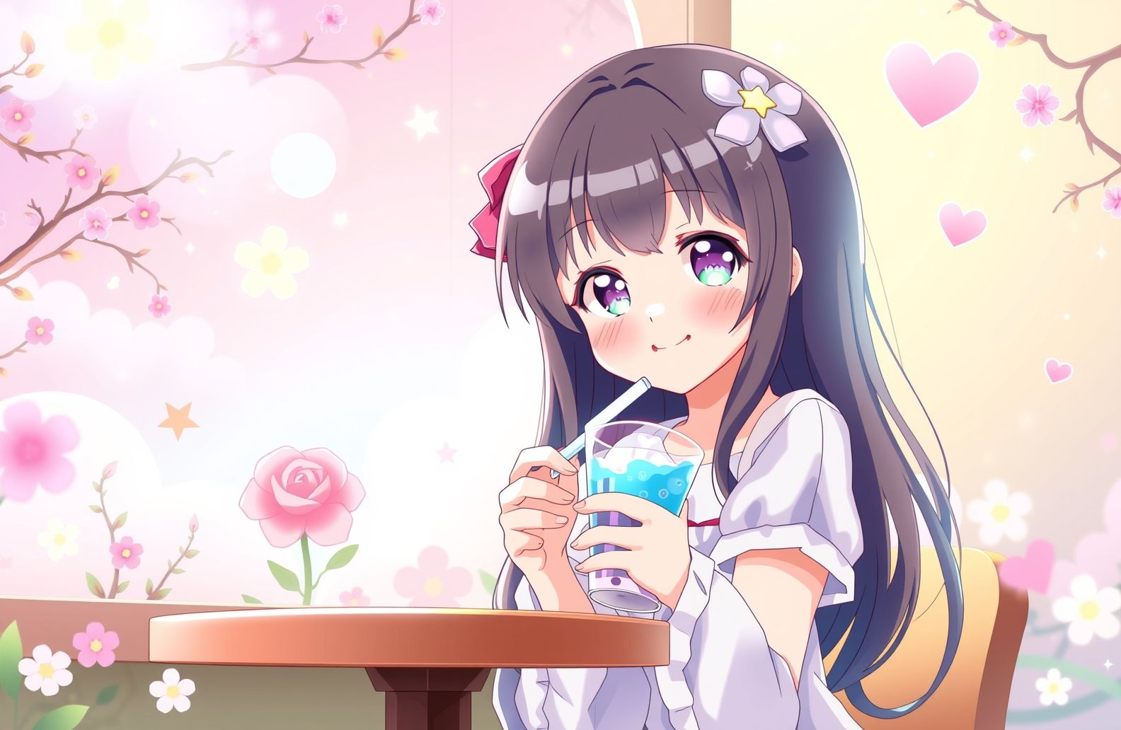 Cute Anime Girl Drinking Boba Wallpaper