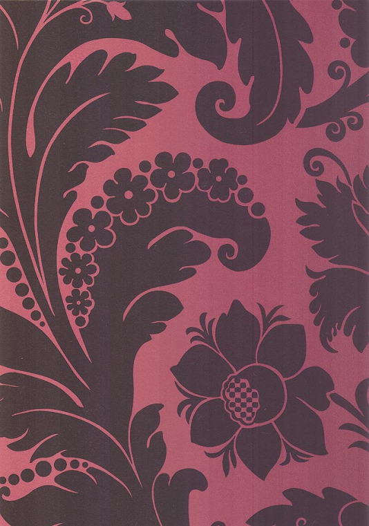 Damask Wallpaper In Black Printed On Shiny Pinky Red