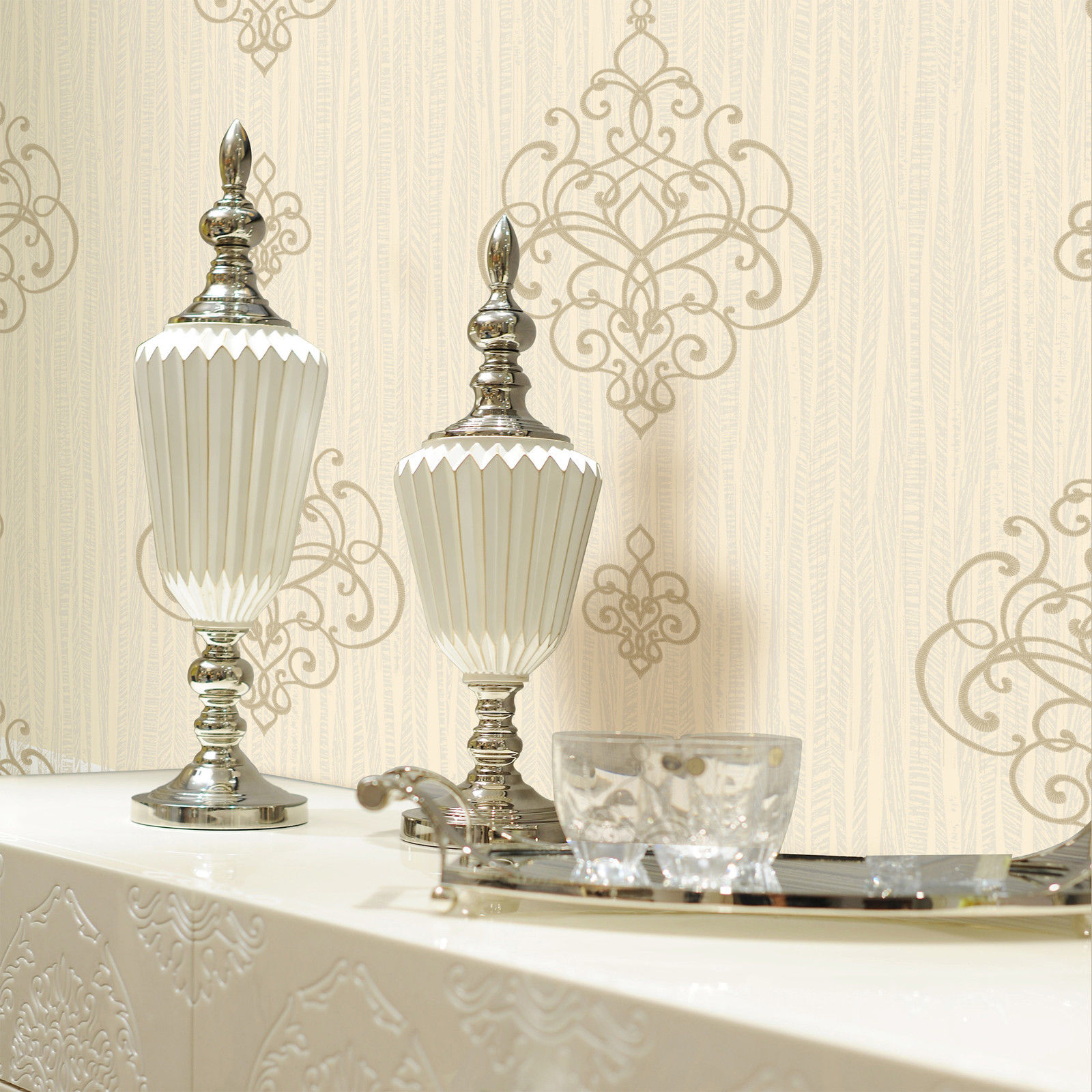 Luxury Damask Textured Embossed Embroidery Nonwoven Wallpaper