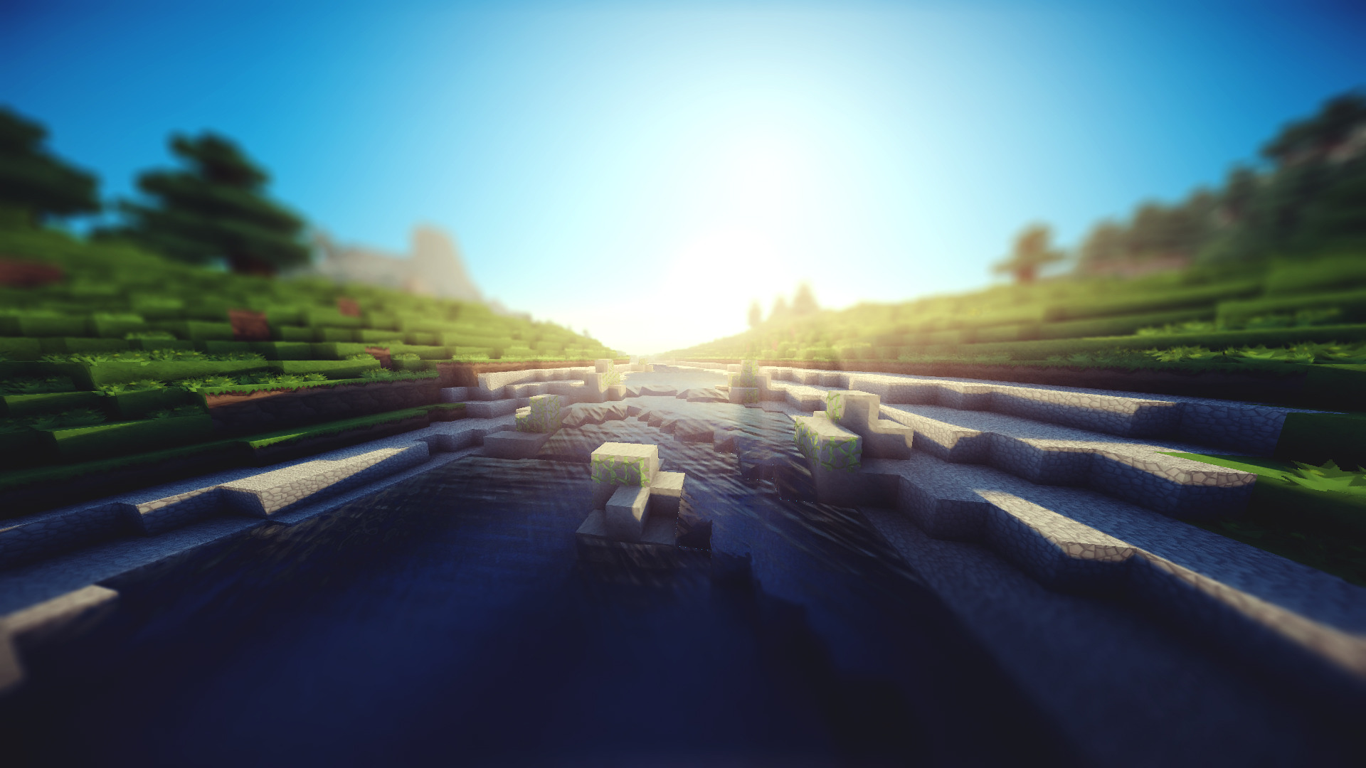 A stunning HD Minecraft wallpaper showcasing a sunlit river flowing through a pixelated landscape