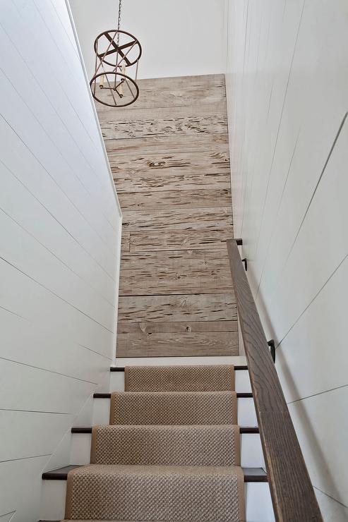 Shiplap Staircase Walls With Beige Bound Sisal Runner Country