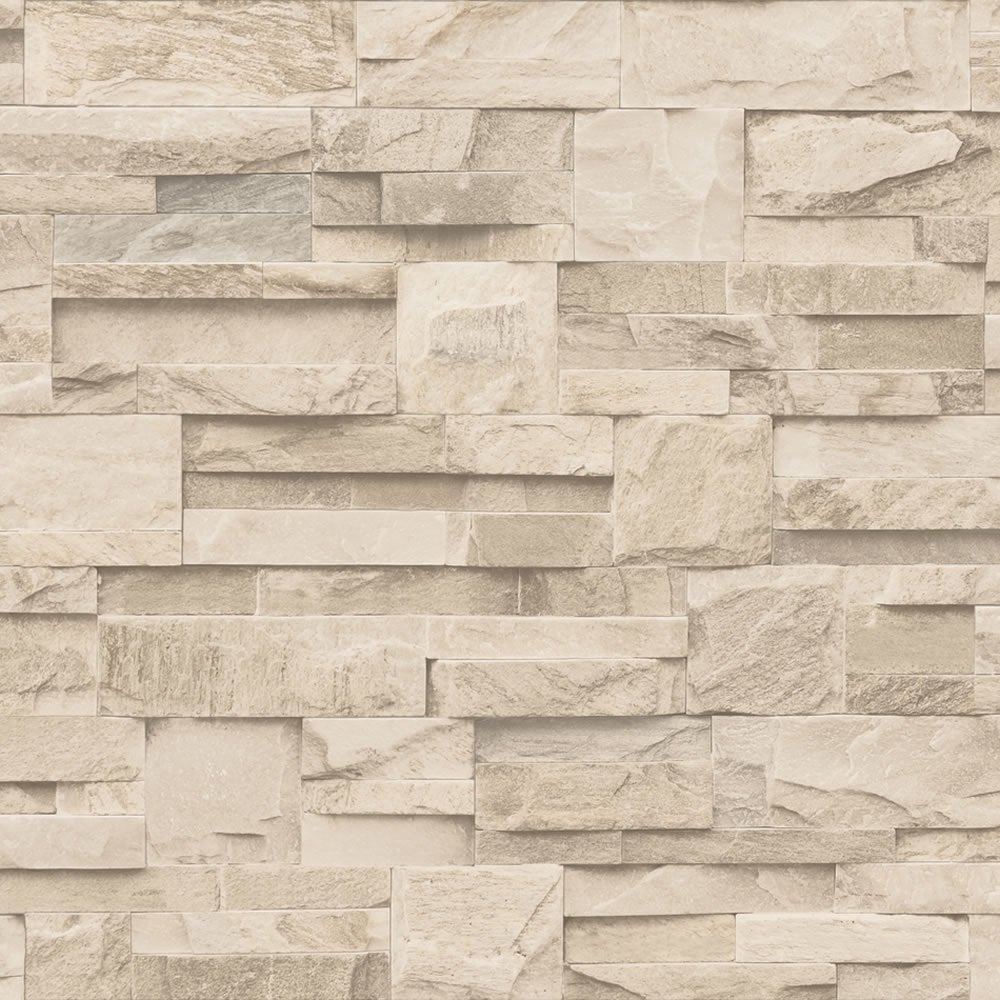 Muriva Bluff Slate Stone Block Brick Effect Wallpaper Beige J20407