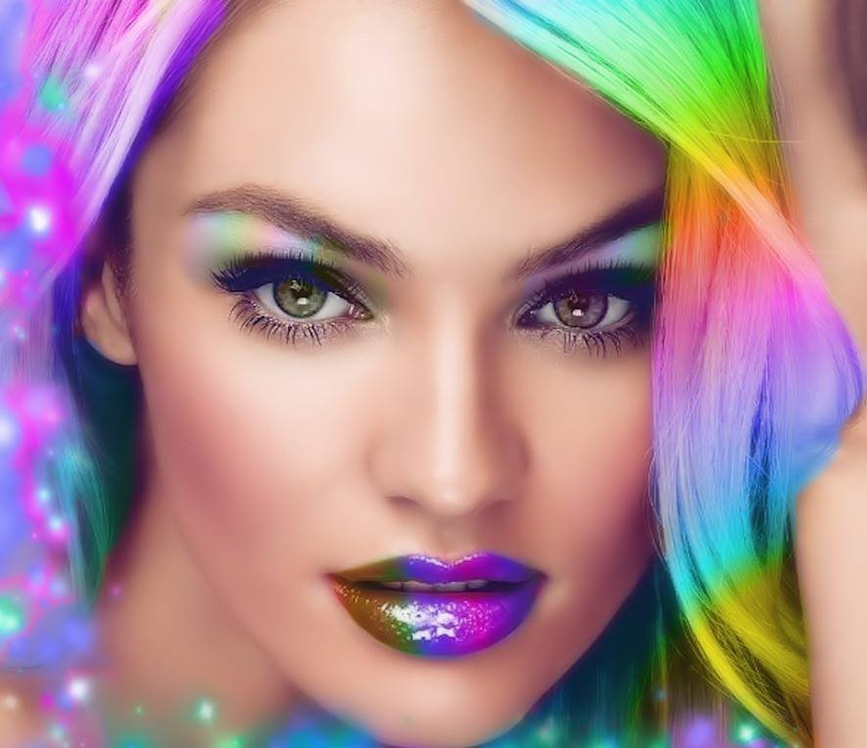 Close-up of a woman with vibrant rainbow hair and makeup