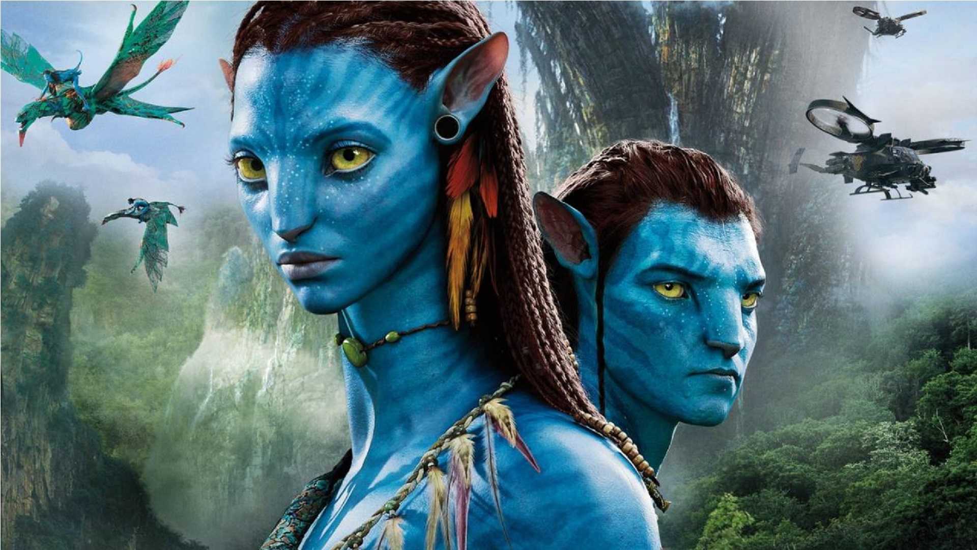 Neytiri and Jake Sully, the main characters from the movie Avatar, stand against a backdrop of Pandora's lush jungle landscape and Hallelujah Mountains. The image includes flying creatures called Banshees and military helicopters