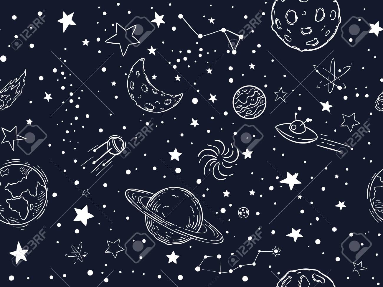 Seamless Night Sky Stars Pattern Sketch Moon Space Plas And