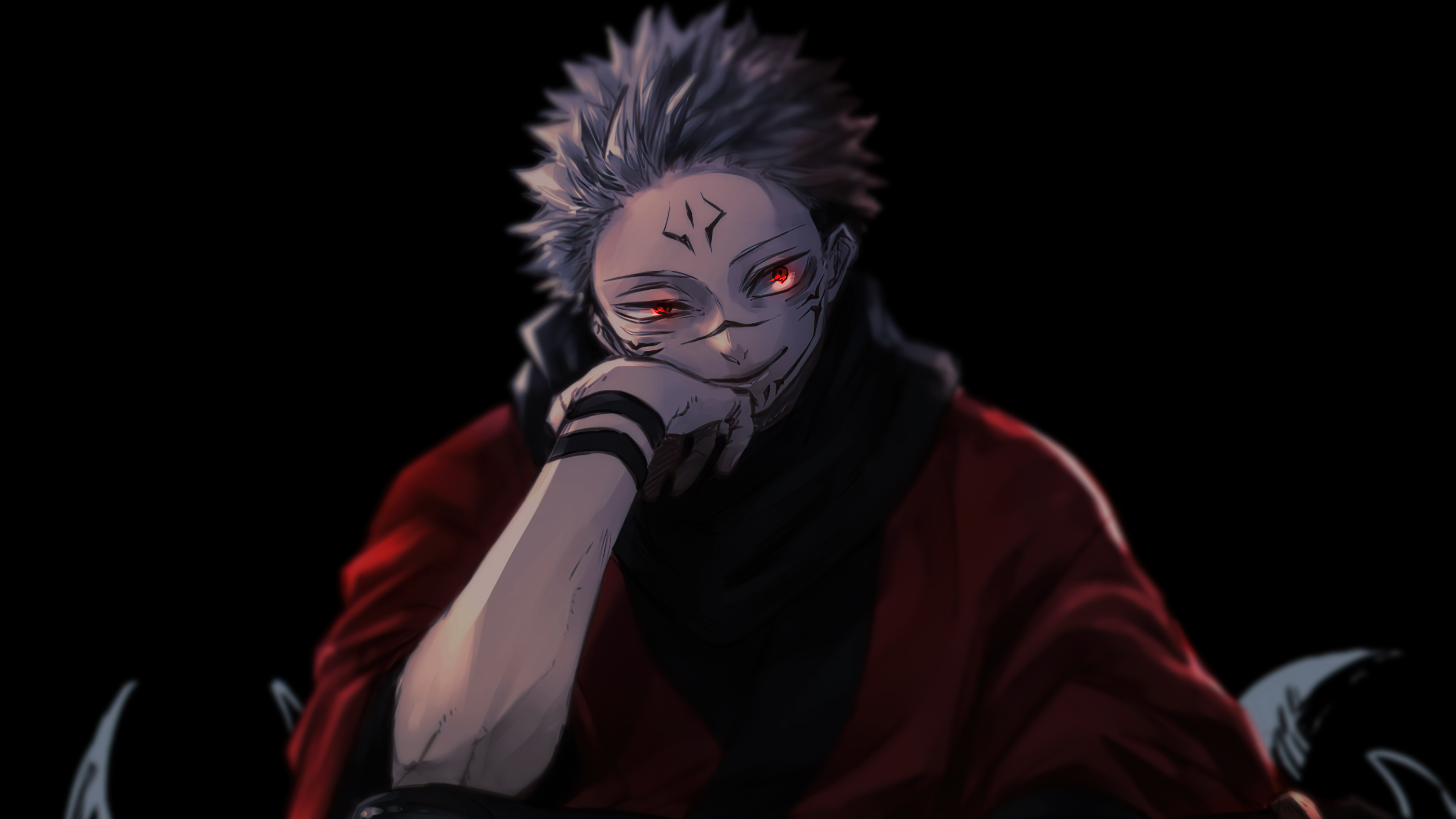 A striking anime character with spiky white hair, intense red eyes, and a dark, enigmatic expression. The character wears a dark red garment and rests their chin on a hand, creating an intriguing visual