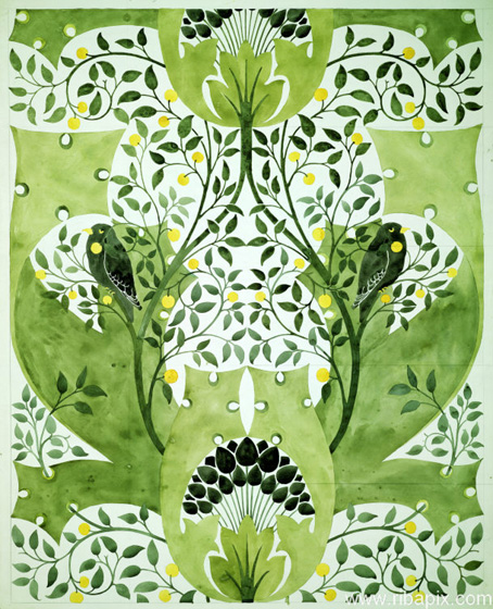 Design For Wallpaper Featuring Blackbirds Among Stylized Leaves