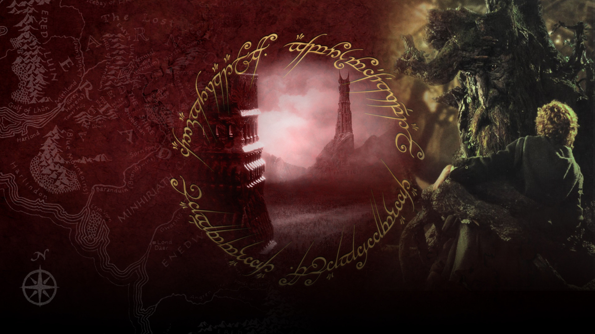 A captivating collage featuring a map of Middle-earth, the Two Towers of Isengard and Barad-dûr, and Pippin Took resting against Treebeard, all framed by elvish script