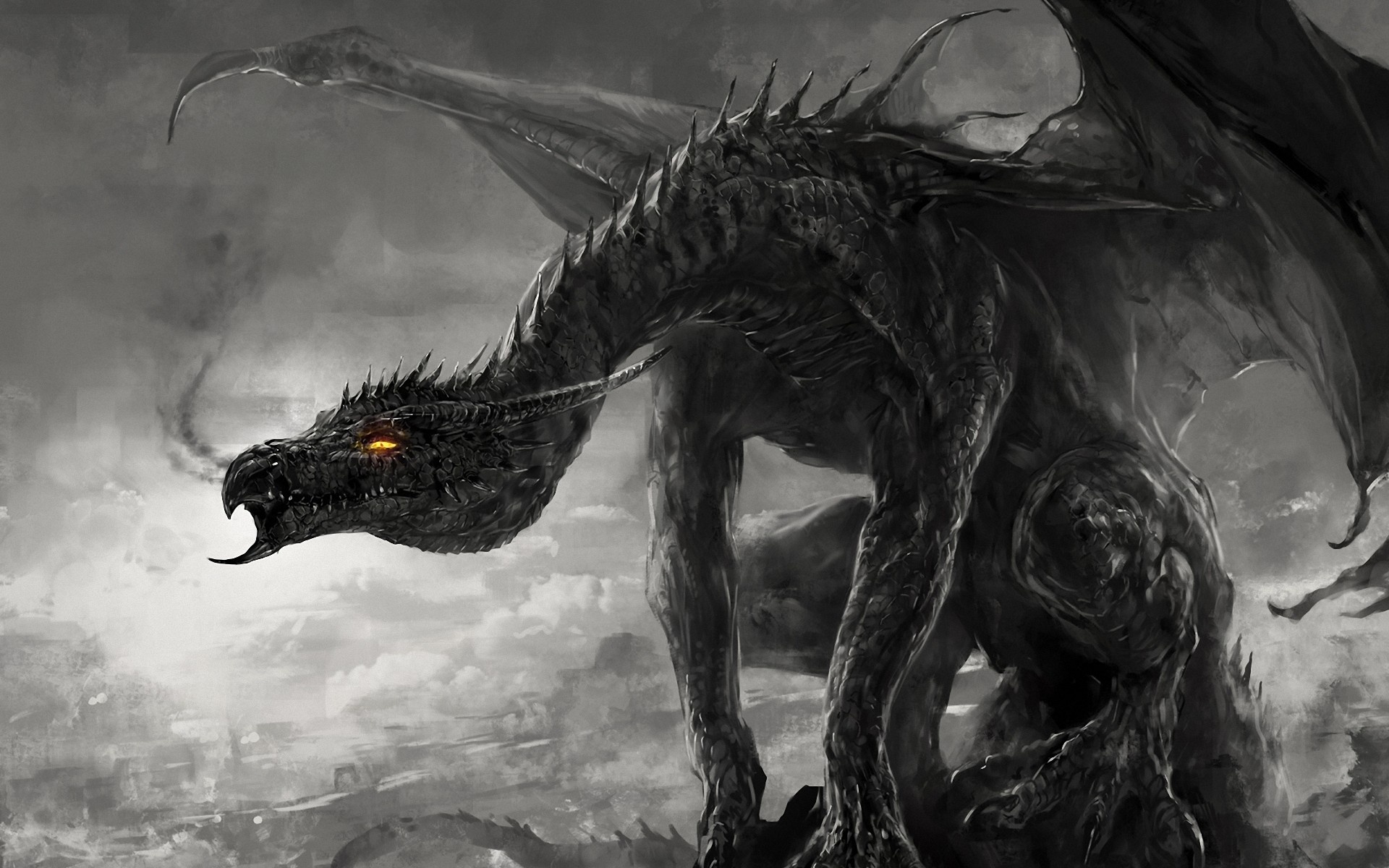 Wallpaper art dragon monster black and white monochrome smoke