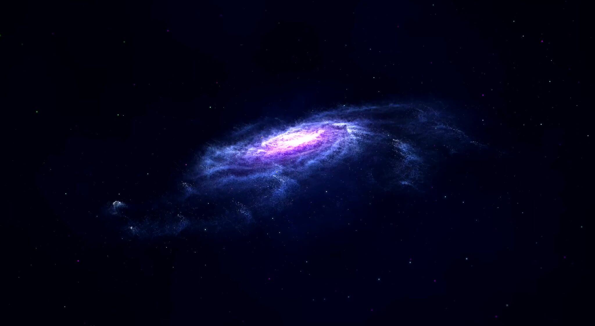 A stunning 4k live wallpaper featuring a spiral galaxy with a bright purple core, set against a backdrop of a dark, starry sky