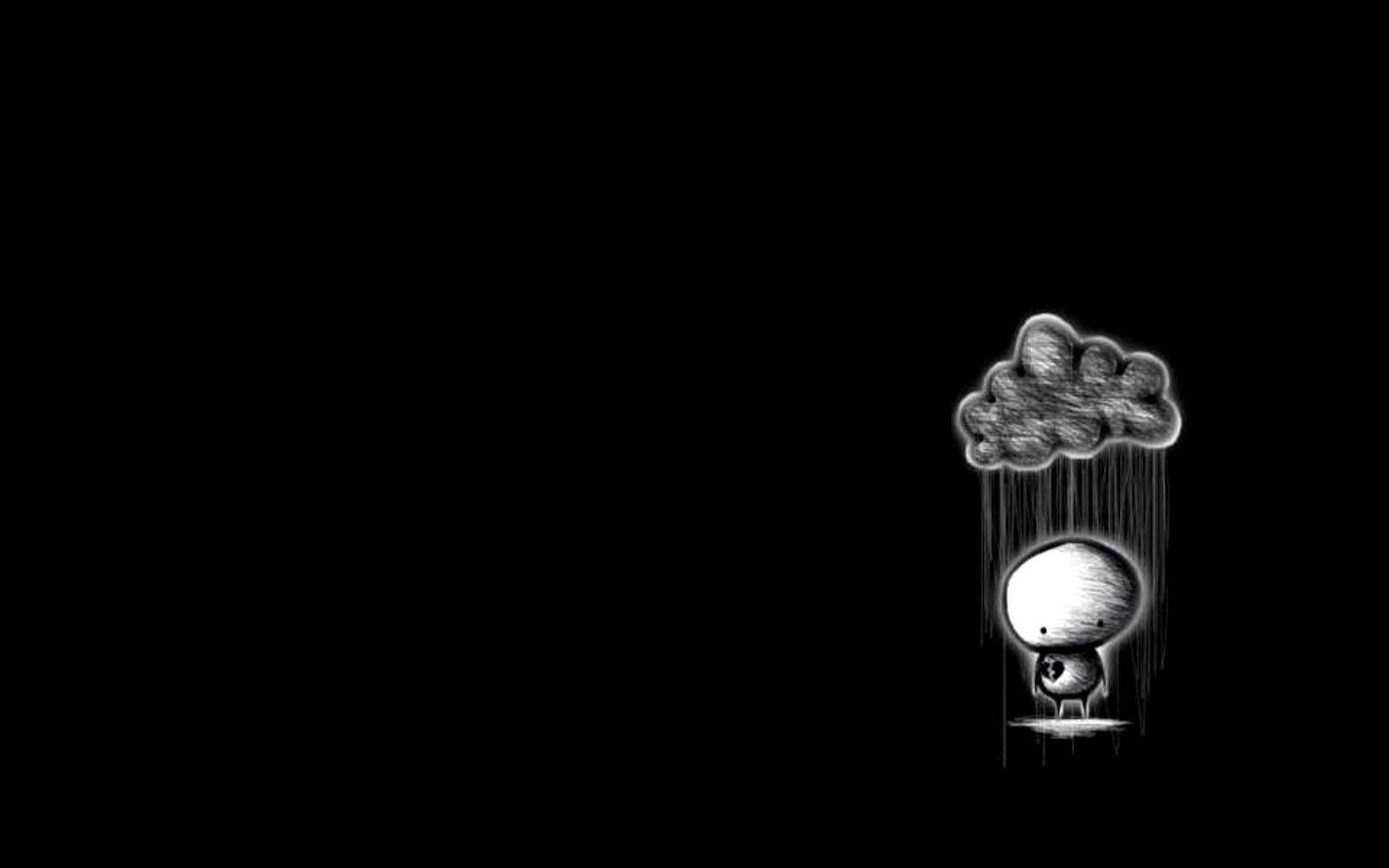A lonely figure stands beneath a rain cloud in this minimalist sad wallpaper
