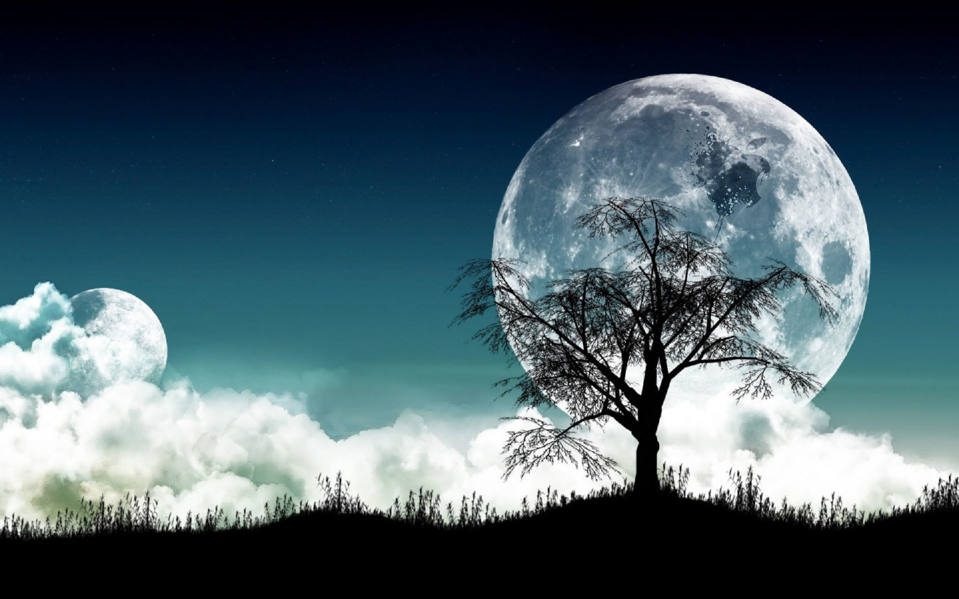 3D rendering of a serene landscape with a large, close-up moon, a silhouetted tree, and a misty foreground