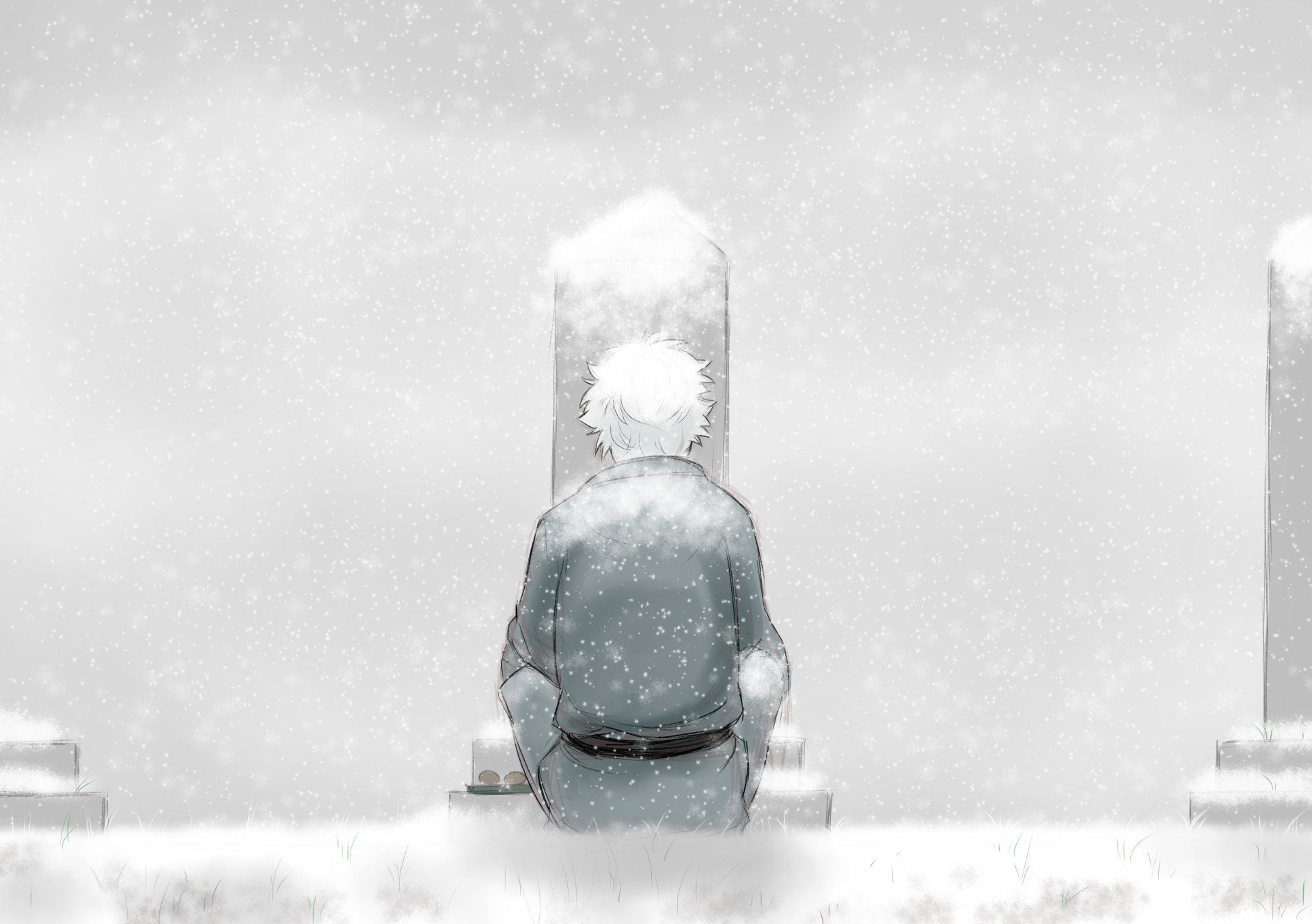 Anime Gintama Gintoki Sakata Man White Hair Grave Snow Winter