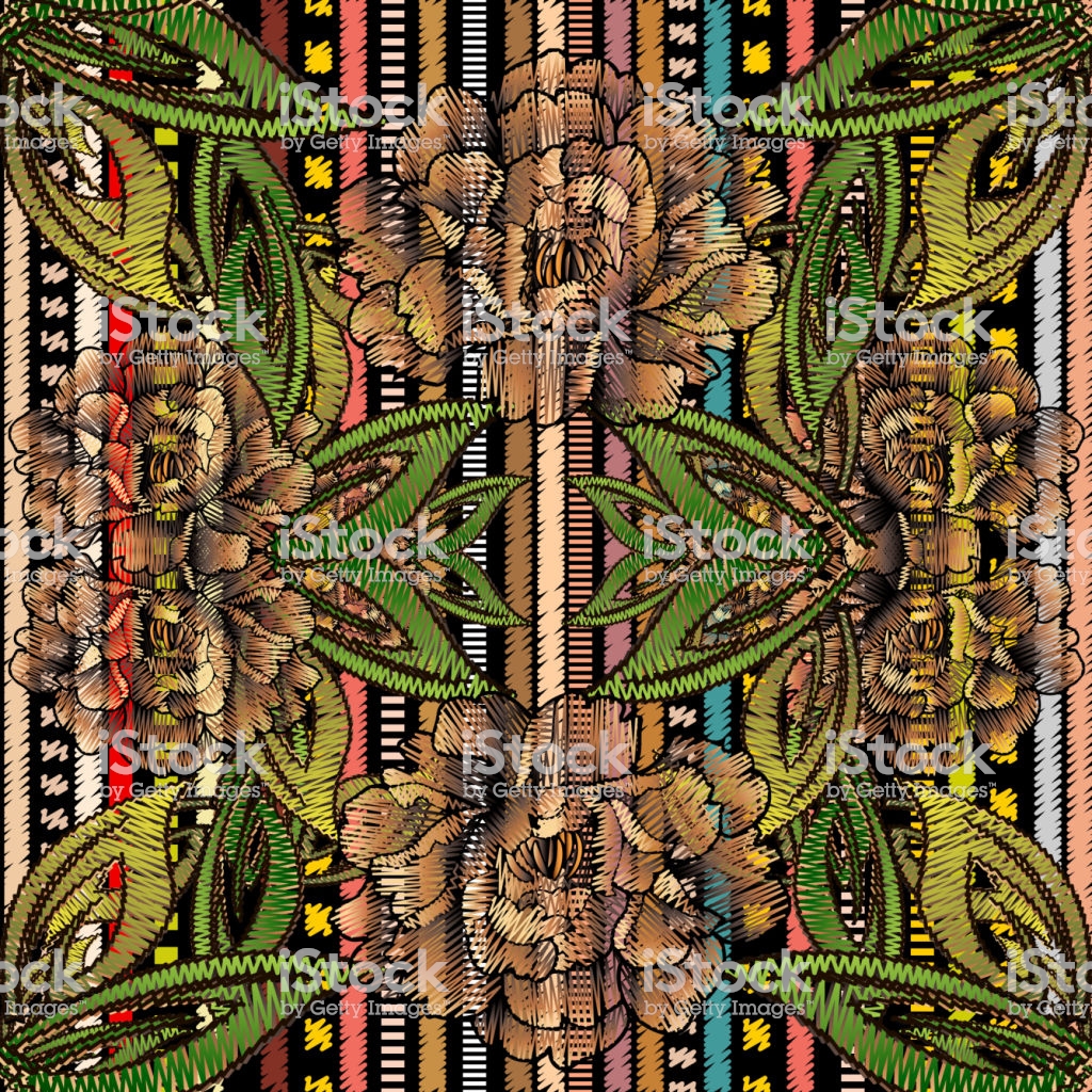 Floral Embroidery Vector Seamless Pattern Striped Colorful