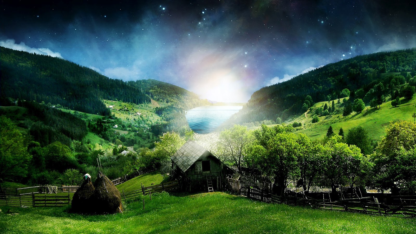 A serene landscape wallpaper for laptop featuring a valley with a lake, a small wooden cabin, green hills, and a starry night sky
