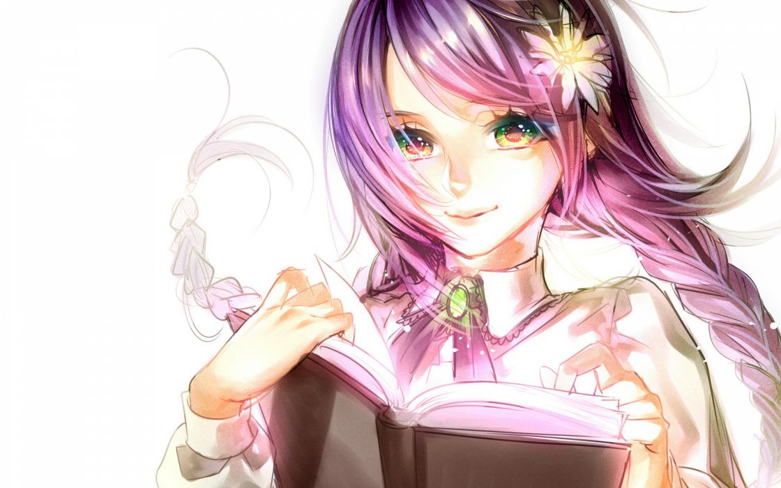 Anime Girl Purple Hair Green Eyes With Flower And Book Wallpaper