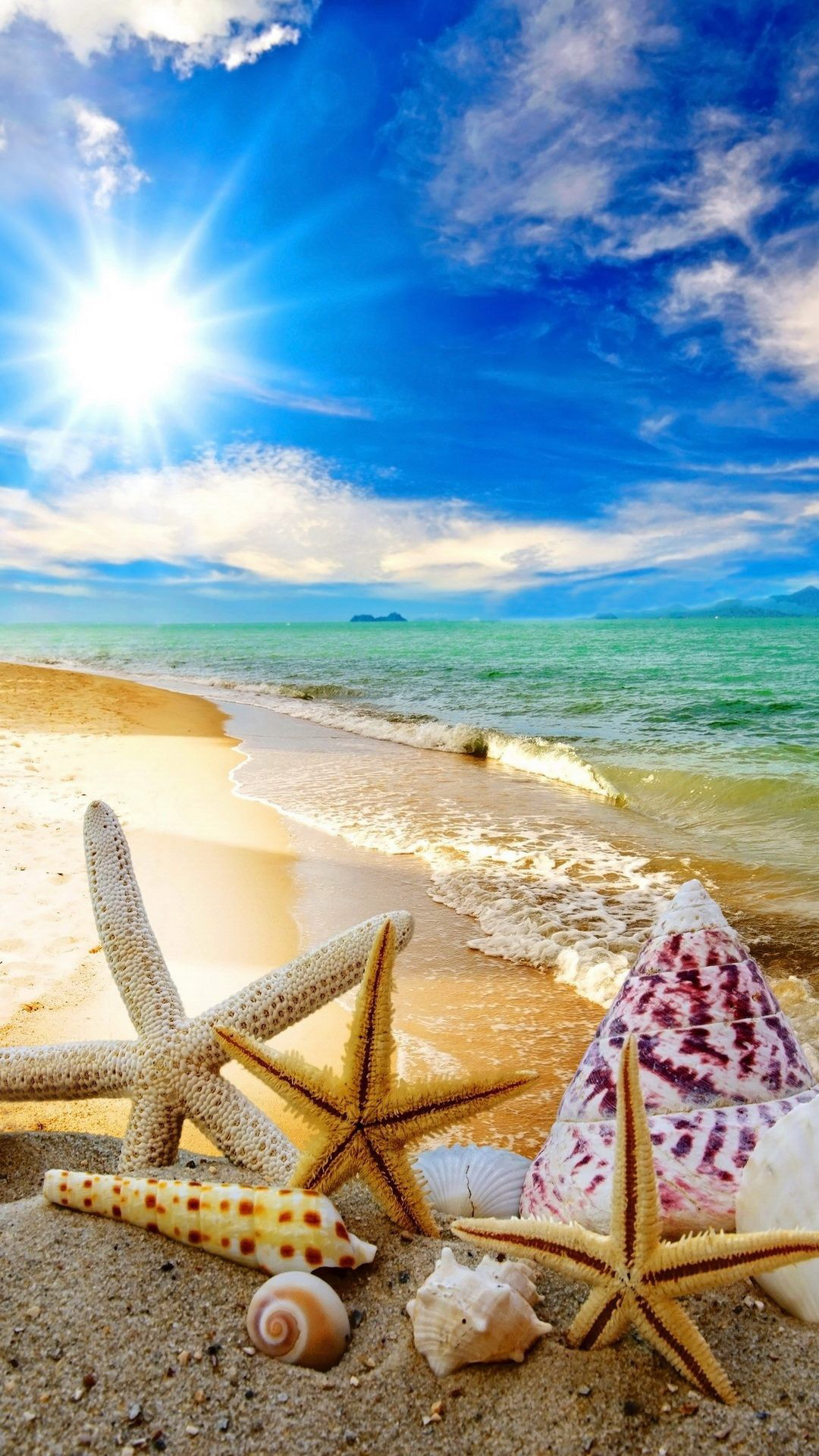 Summer Beach Sun Starfish Waves Android Wallpaper