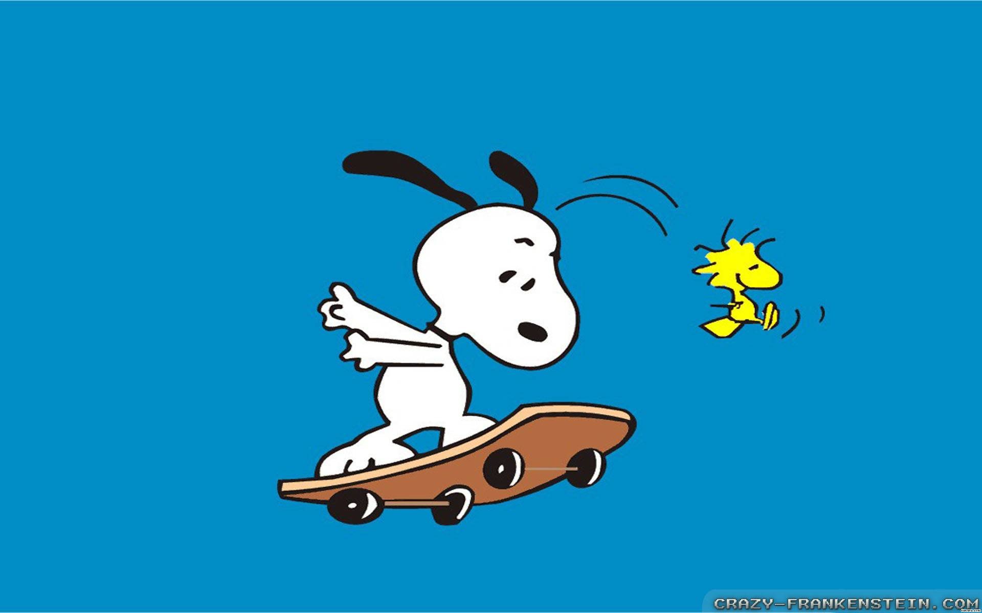 Snoopy Skateboarding: A vibrant illustration of Snoopy skillfully riding a skateboard with Woodstock cheering him on