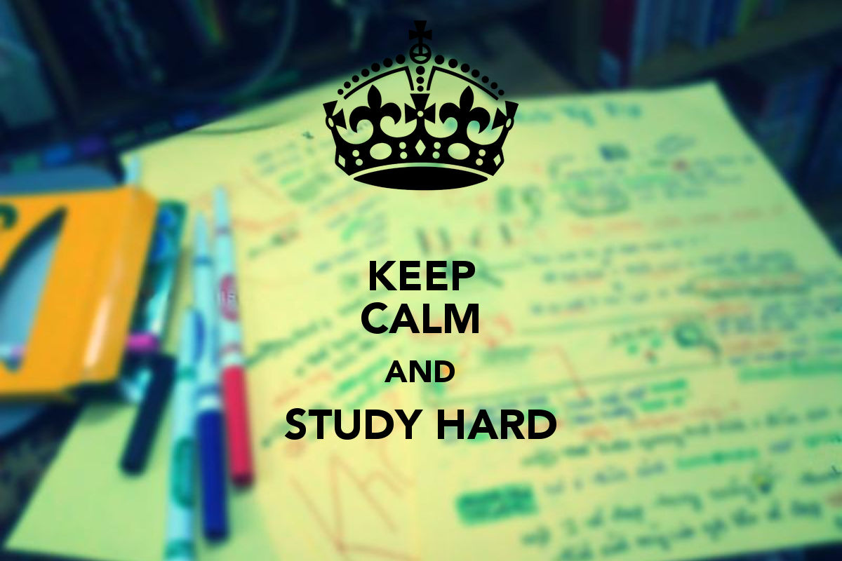 A blurred image of a study desk with colorful markers and notes, overlaid with the motivational text 