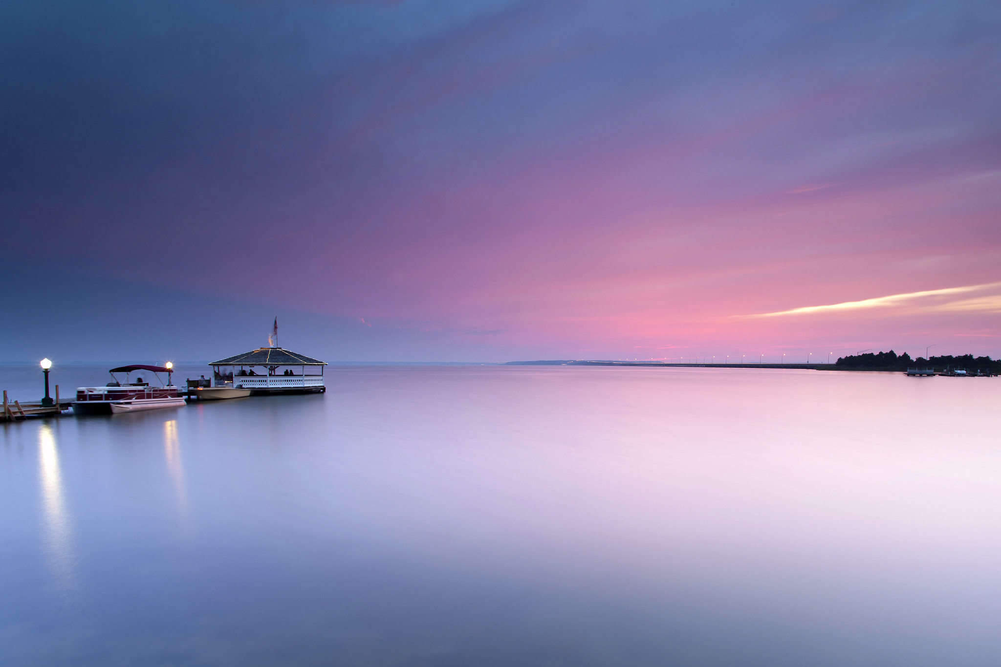  calm dock lights boat evening sunset wallpaper