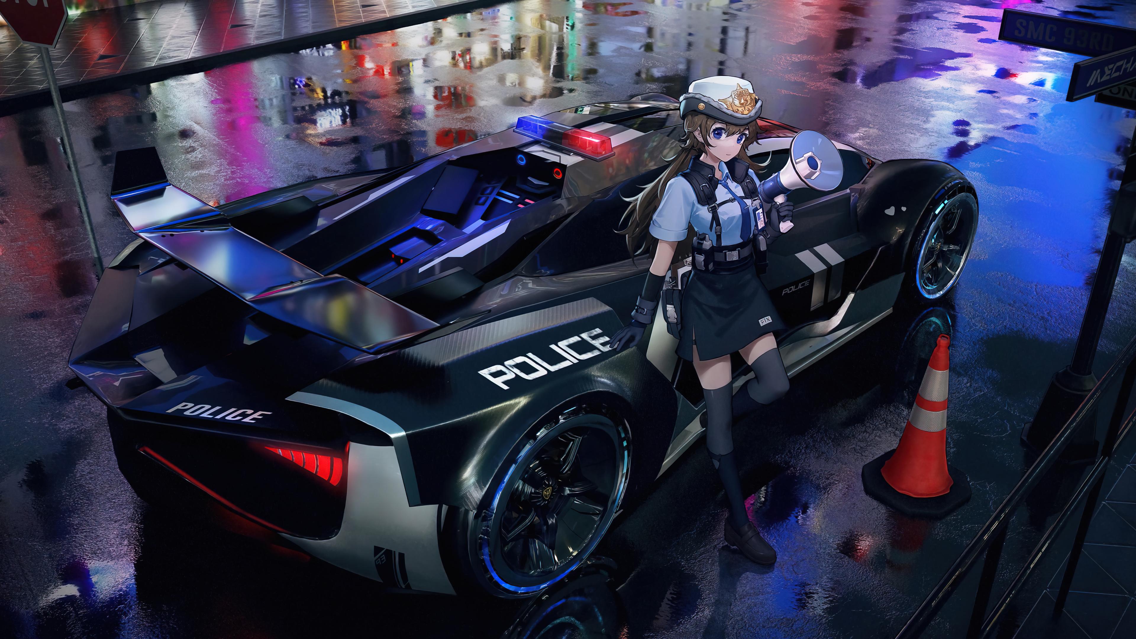 Anime Girl Police Car Wallpaper 4K