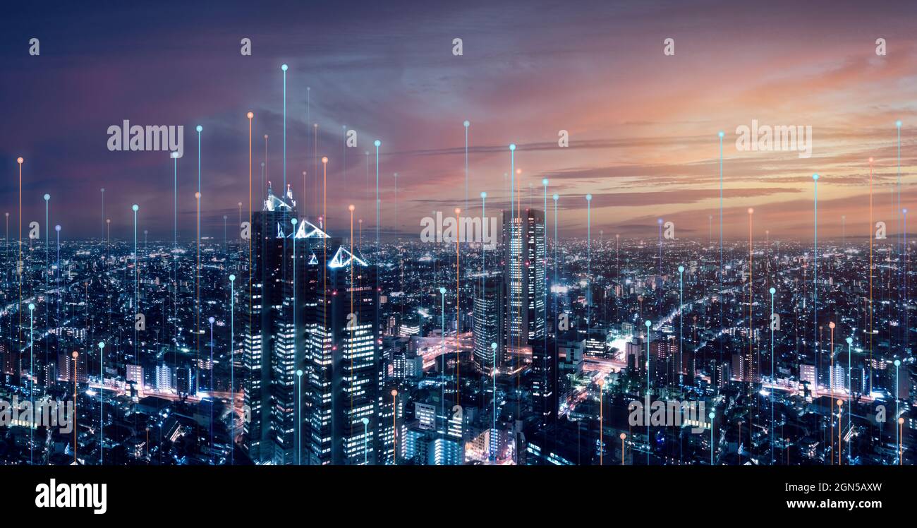 Telecommunication connections above smart city Futuristic