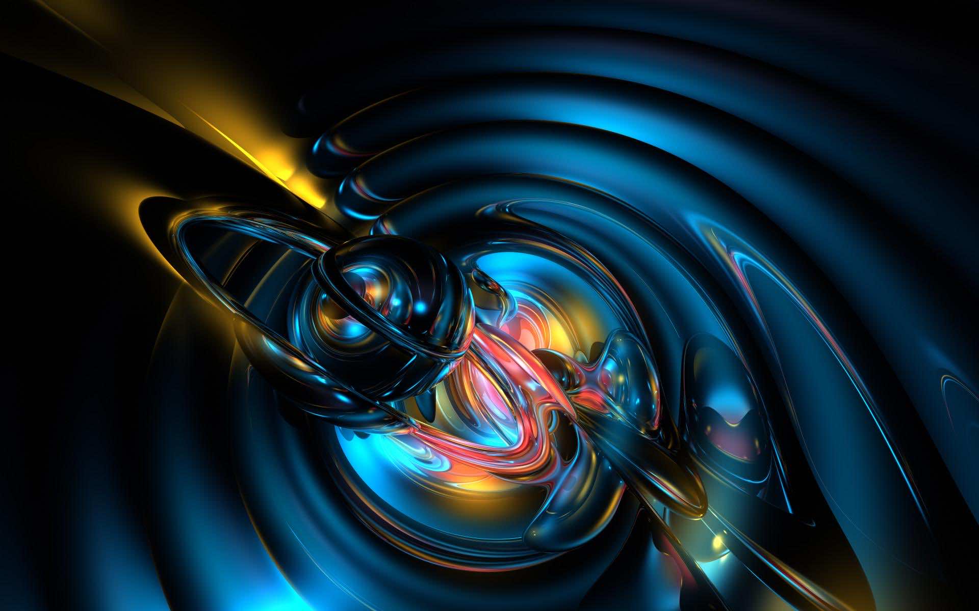 Abstract 3D wallpaper with swirling blue and gold shapes, perfect for a modern computer background