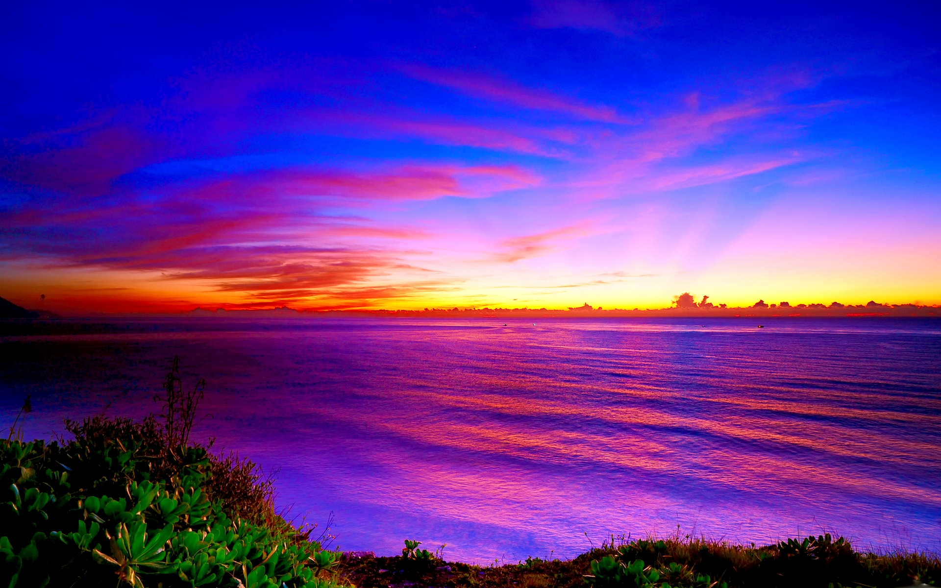 Vivid sunset over a tranquil ocean, with vibrant hues of purple, orange, and blue reflecting on the water's surface