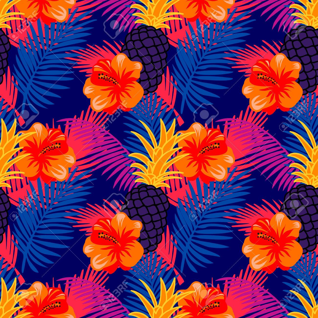 Seamless Pattern With Tropical Fruits Flowers And Palm Leaves